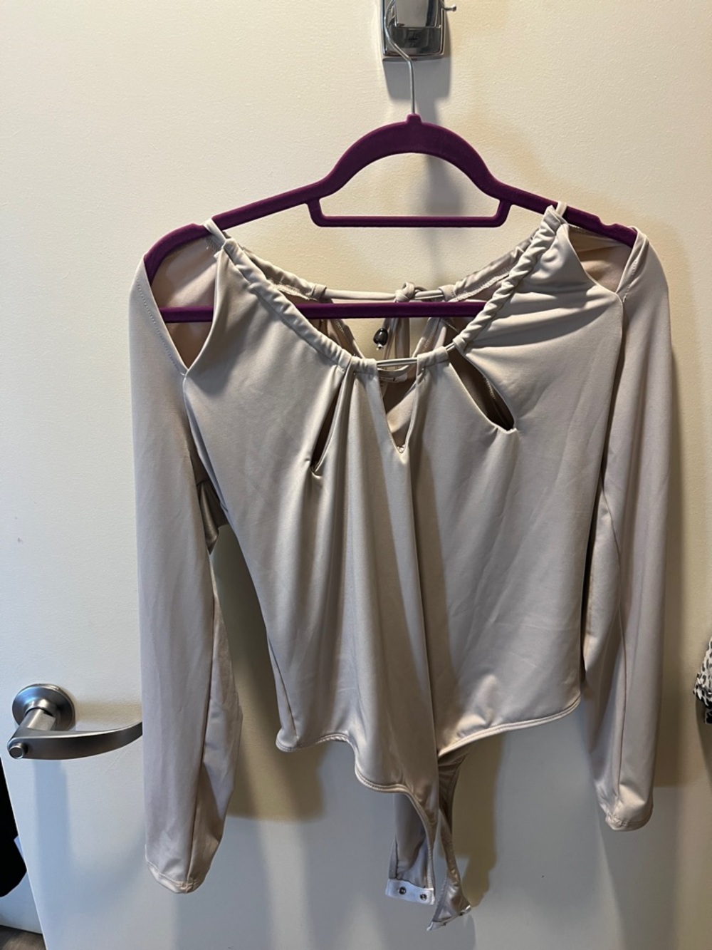 Long-Sleeve Cream Braided-Neck Bodysuit